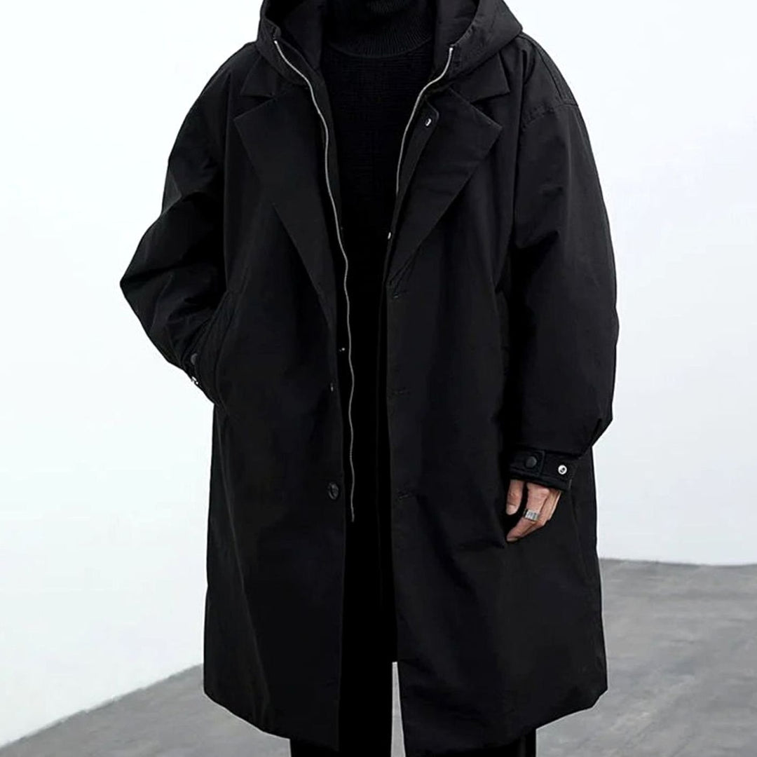 Men's Hooded Insulated Long Trench Coat Water-Resistant Relaxed Fit