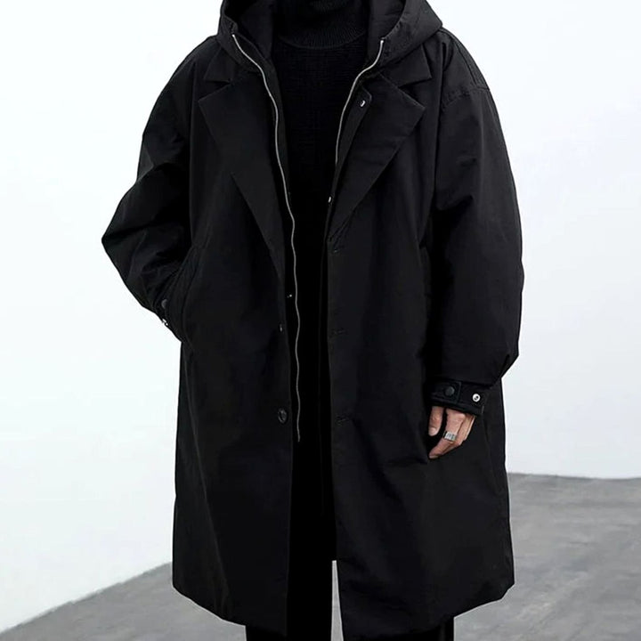 Men's Hooded Insulated Long Trench Coat Water-Resistant Relaxed Fit