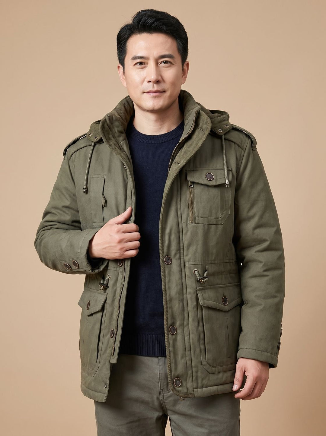 Men's Hooded Multi-Pocket Insulated Military Parka Jacket