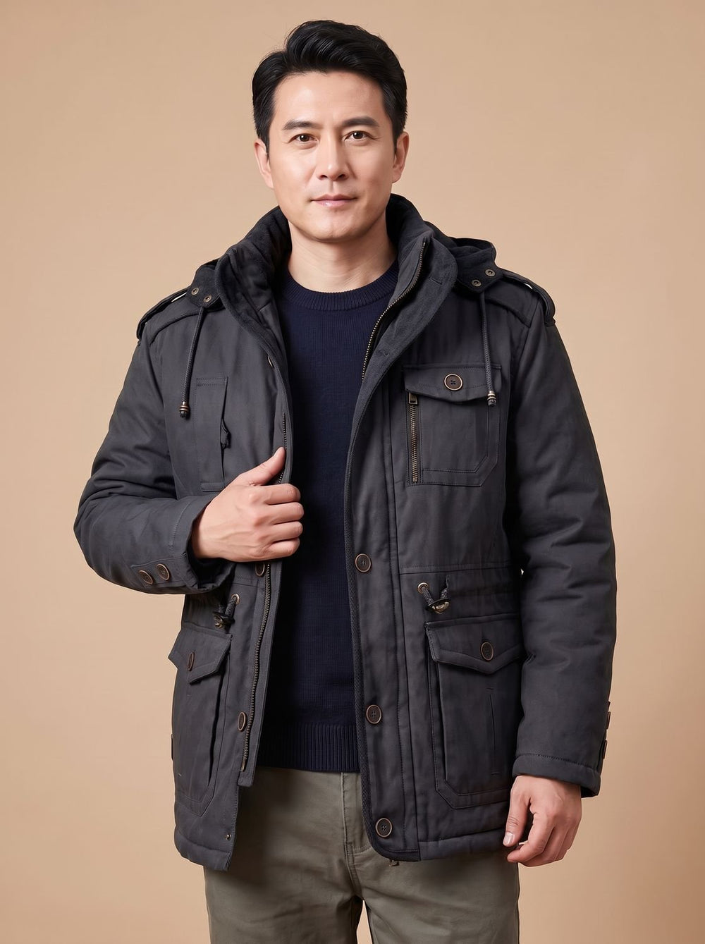 Men's Hooded Multi-Pocket Insulated Military Parka Jacket