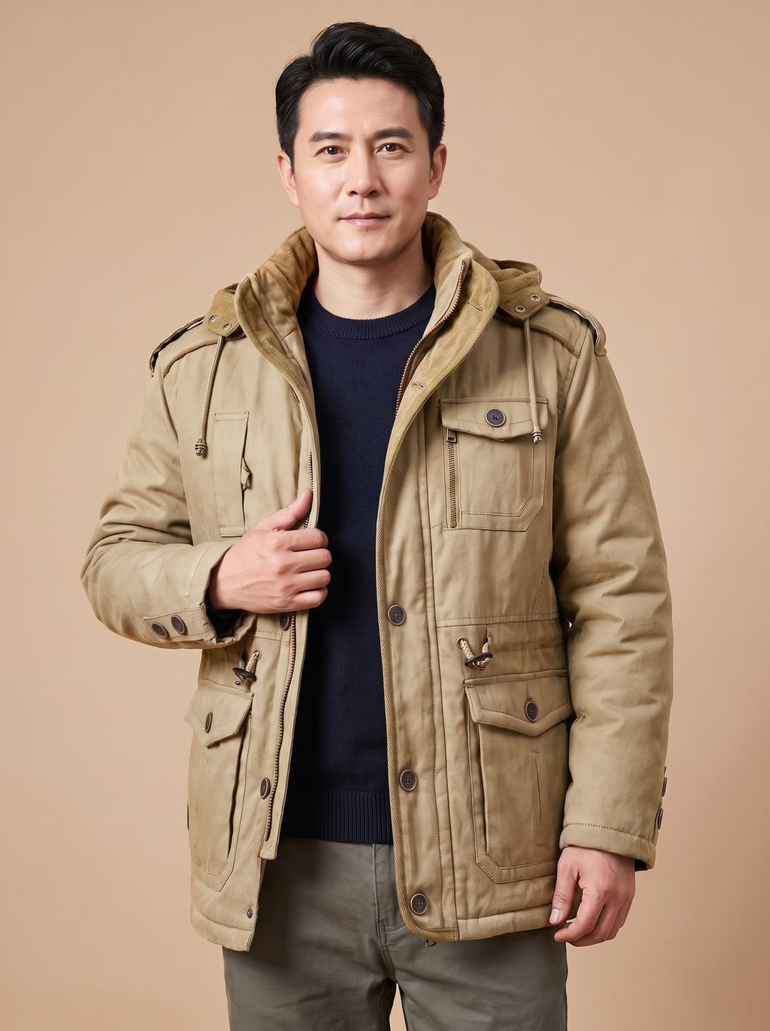 Men's Hooded Multi-Pocket Insulated Military Parka Jacket