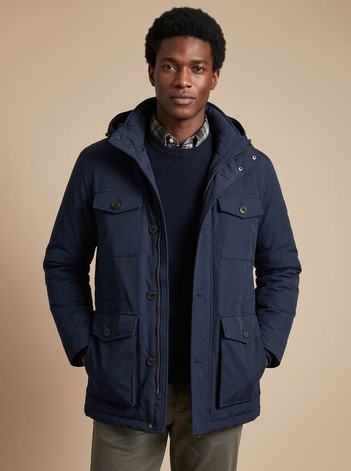 Men's Hooded Multi-Pocket Insulated Military Parka Jacket - Navy Blue