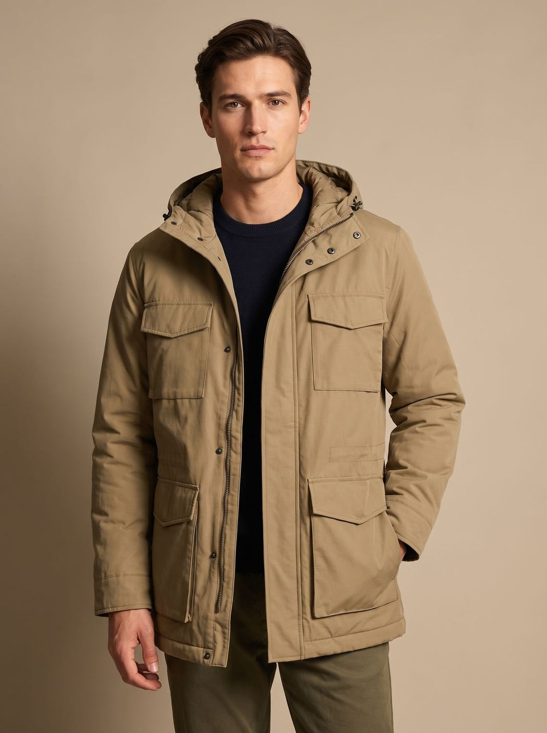 Men's Hooded Multi-Pocket Insulated Military Parka Jacket - Khaki