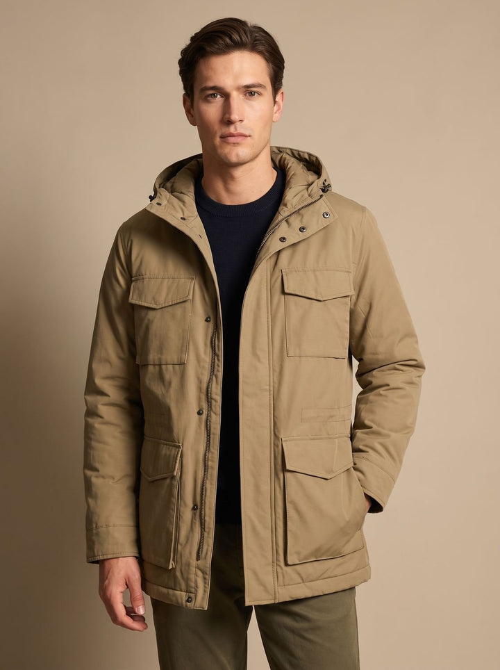 Men's Hooded Multi-Pocket Insulated Military Parka Jacket - Khaki