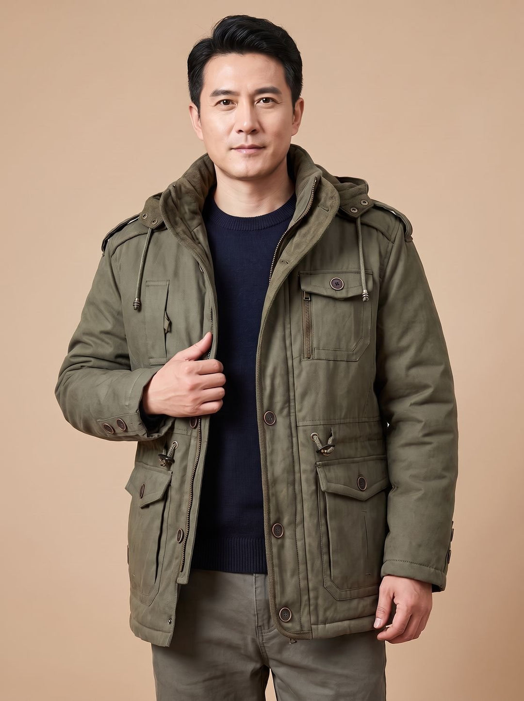 Men's Hooded Multi-Pocket Insulated Military Parka Jacket - Olive Green