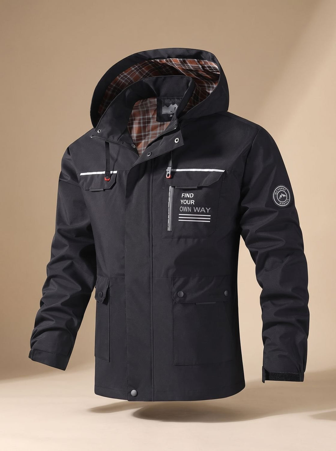 Men's Hooded Water-Resistant Outdoor Jacket Multi-Pocket - Black