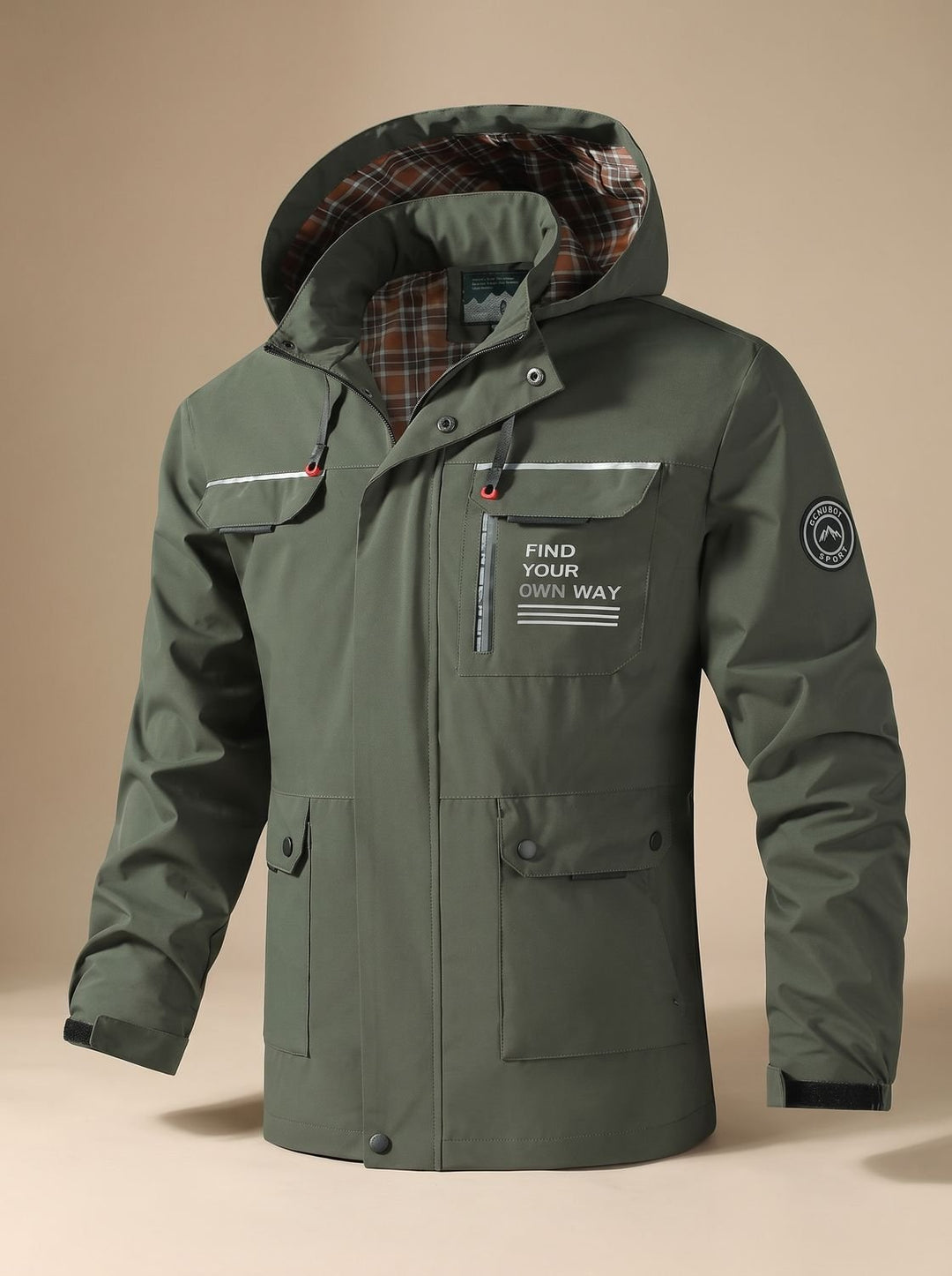 Men's Hooded Water-Resistant Outdoor Jacket Multi-Pocket - Olive Green