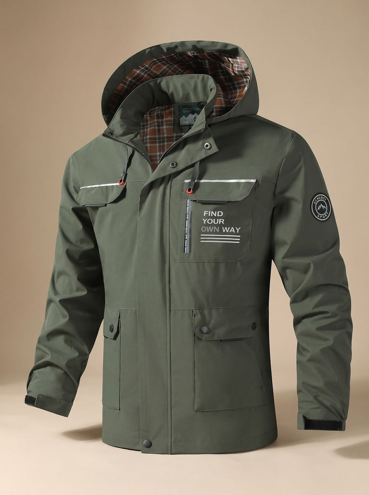 Men's Hooded Water-Resistant Outdoor Jacket Multi-Pocket - Olive Green