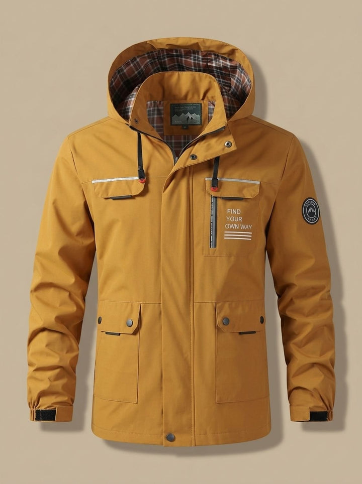 Men's Hooded Water-Resistant Outdoor Jacket Multi-Pocket - Mustard Yellow