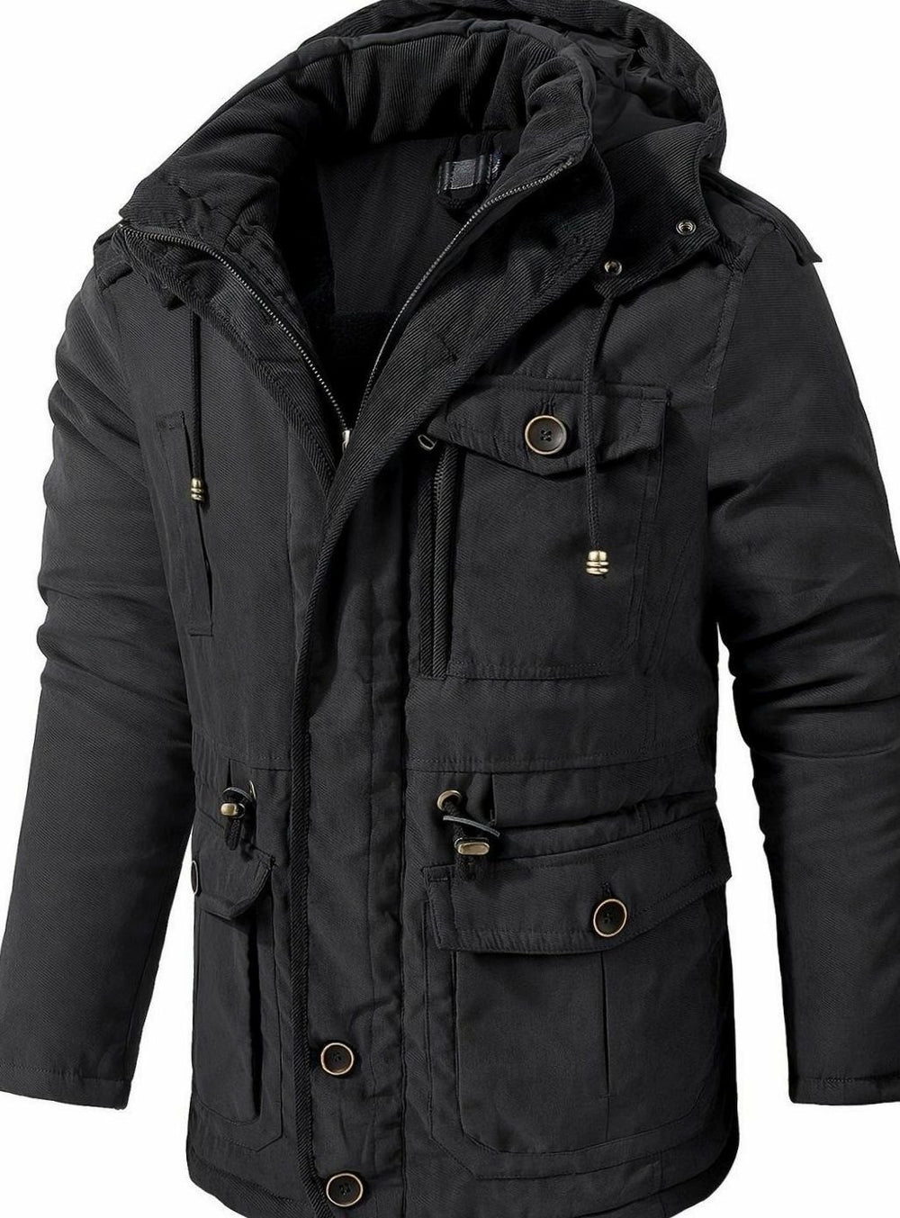 Men's Insulated Hooded Multi-Pocket Utility Jacket - Black