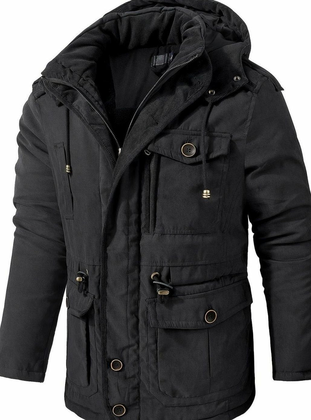 Men's Insulated Hooded Multi-Pocket Utility Jacket - Black