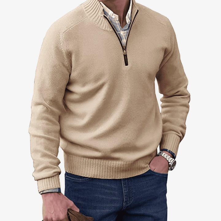 Men's Knit Half-Zip Pullover Jumper Quarter-Zip Sweater - Brown