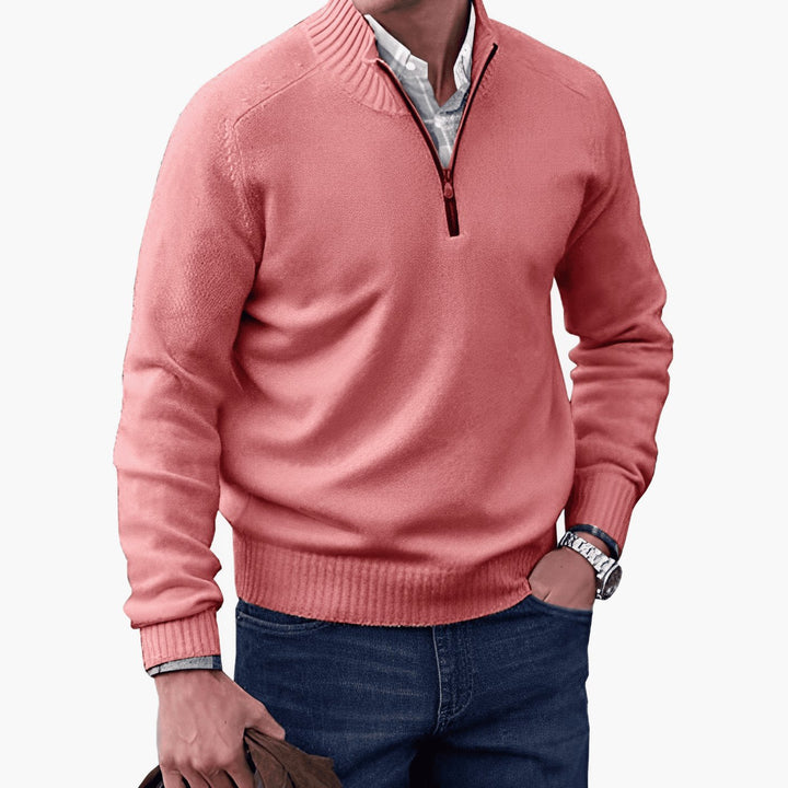Men's Knit Half-Zip Pullover Jumper Quarter-Zip Sweater - Pink