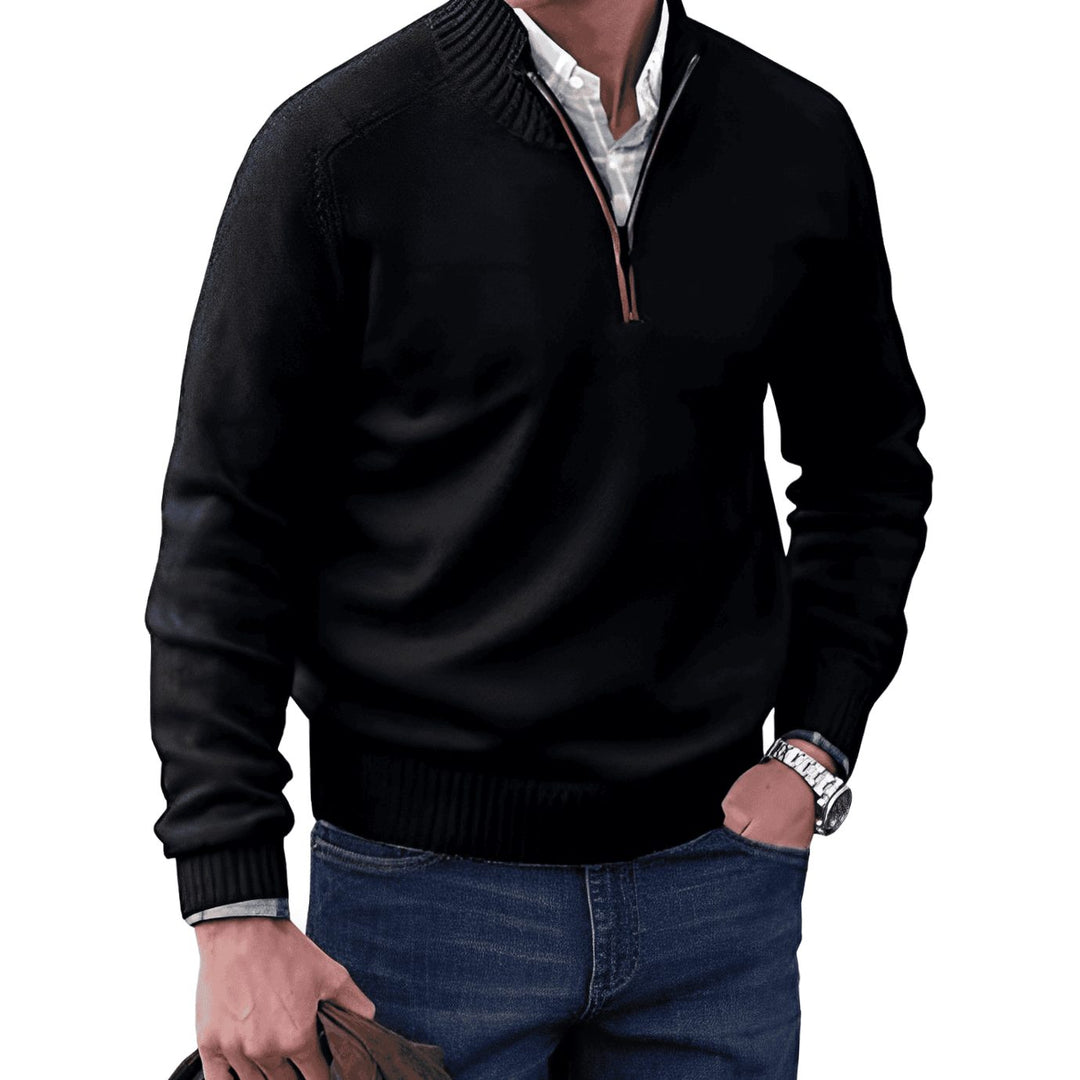 Men's Knit Half-Zip Pullover Jumper Quarter-Zip Sweater - Black