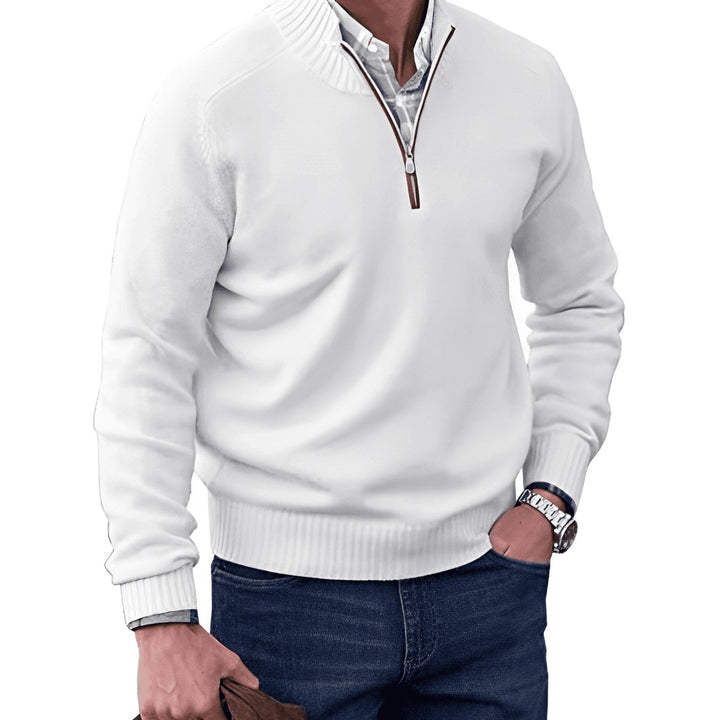 Men's Knit Half-Zip Pullover Jumper Quarter-Zip Sweater - White
