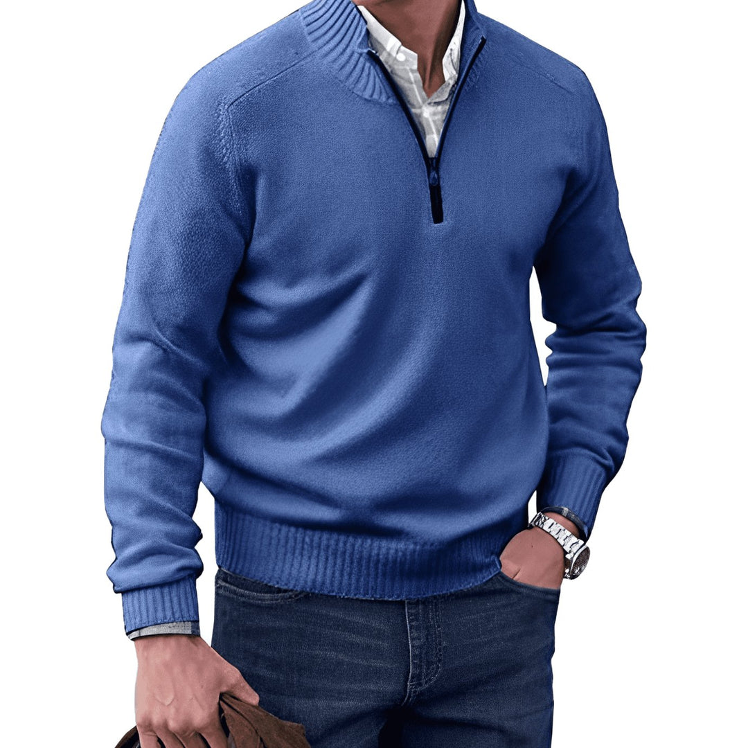 Men's Knit Half-Zip Pullover Jumper Quarter-Zip Sweater - Blue