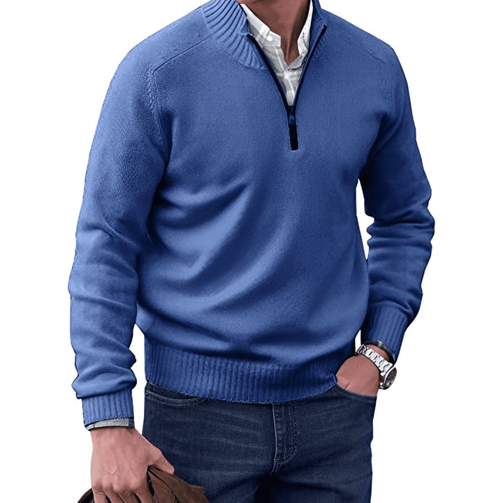 Men's Knit Half-Zip Pullover Jumper Quarter-Zip Sweater - Blue