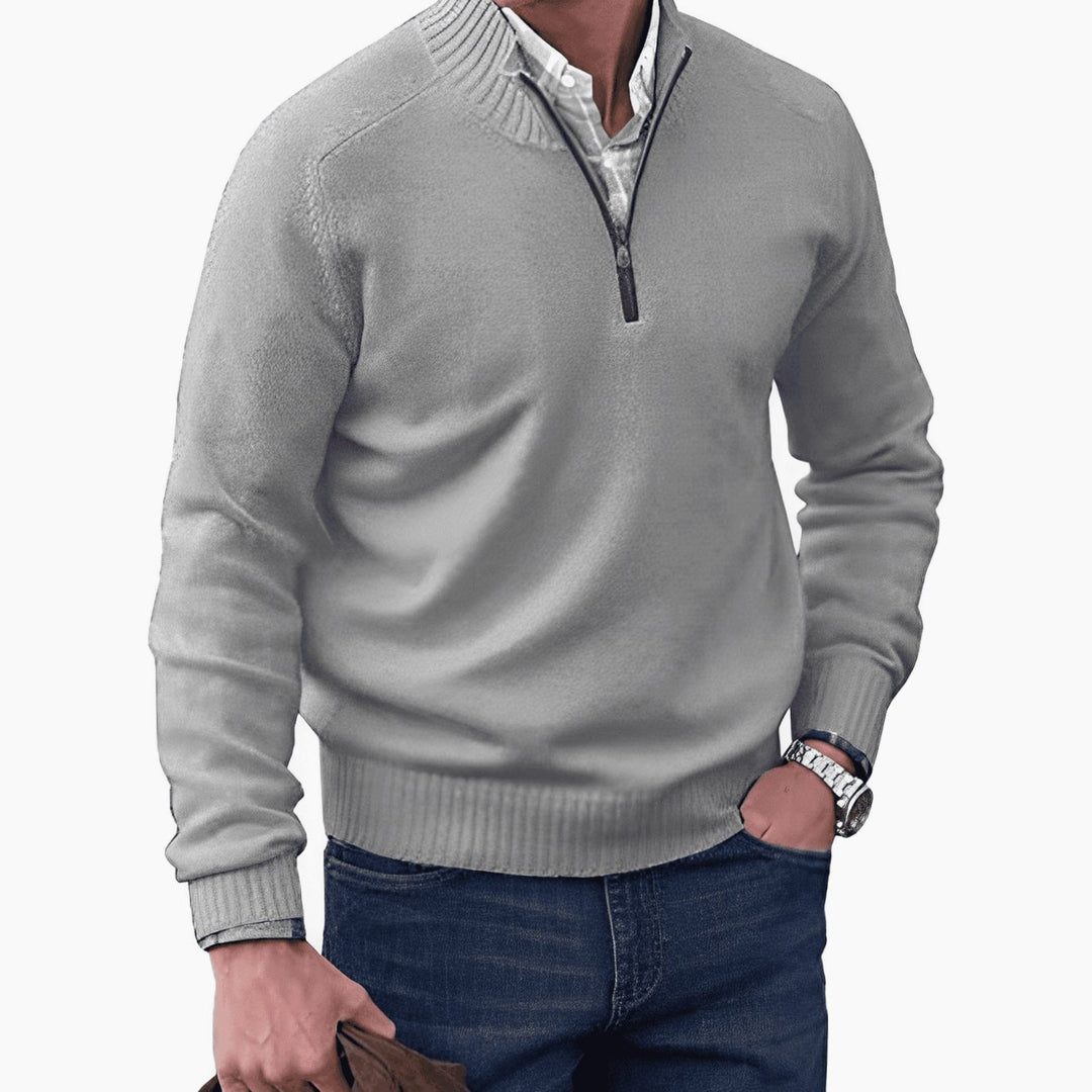 Men's Knit Half-Zip Pullover Jumper Quarter-Zip Sweater - Light Grey