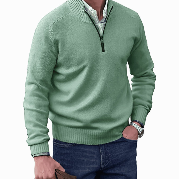 Men's Knit Half-Zip Pullover Jumper Quarter-Zip Sweater - Green