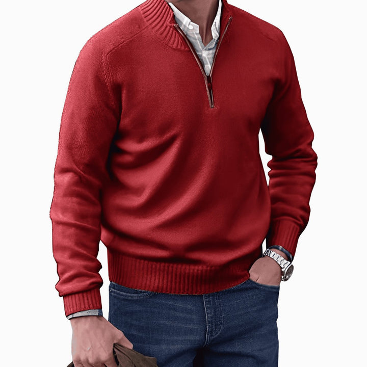 Men's Knit Half-Zip Pullover Jumper Quarter-Zip Sweater - Red