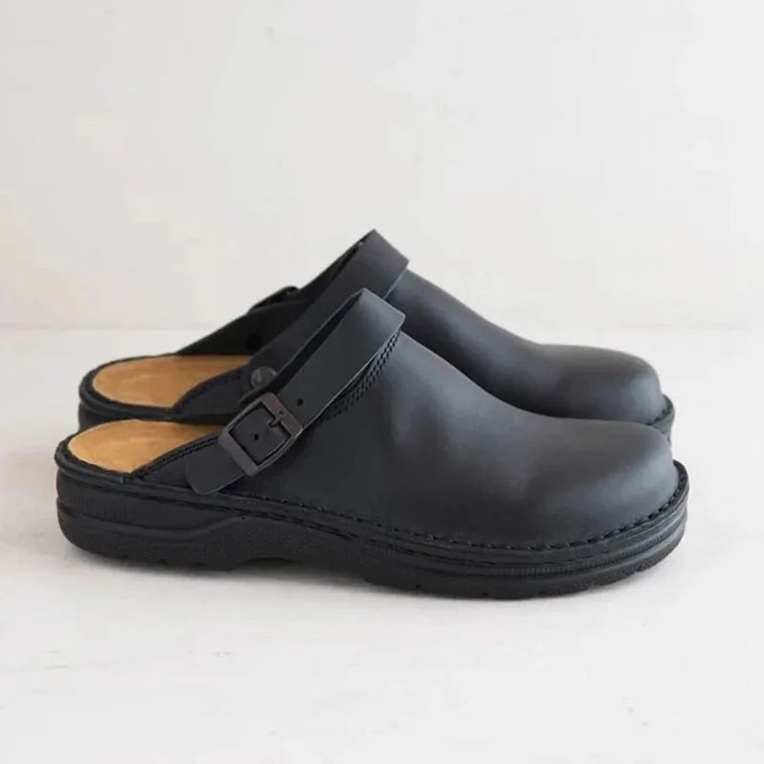 Men's Leather Buckle-Strap Closed-Toe Slip-On Clogs - Black