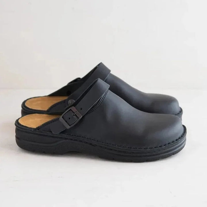 Men's Leather Buckle-Strap Closed-Toe Slip-On Clogs - Black
