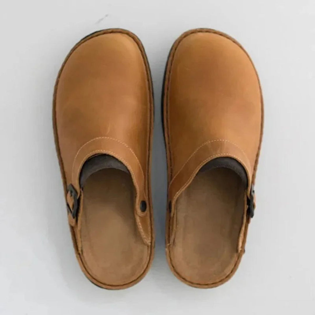 Men's Leather Buckle-Strap Closed-Toe Slip-On Clogs