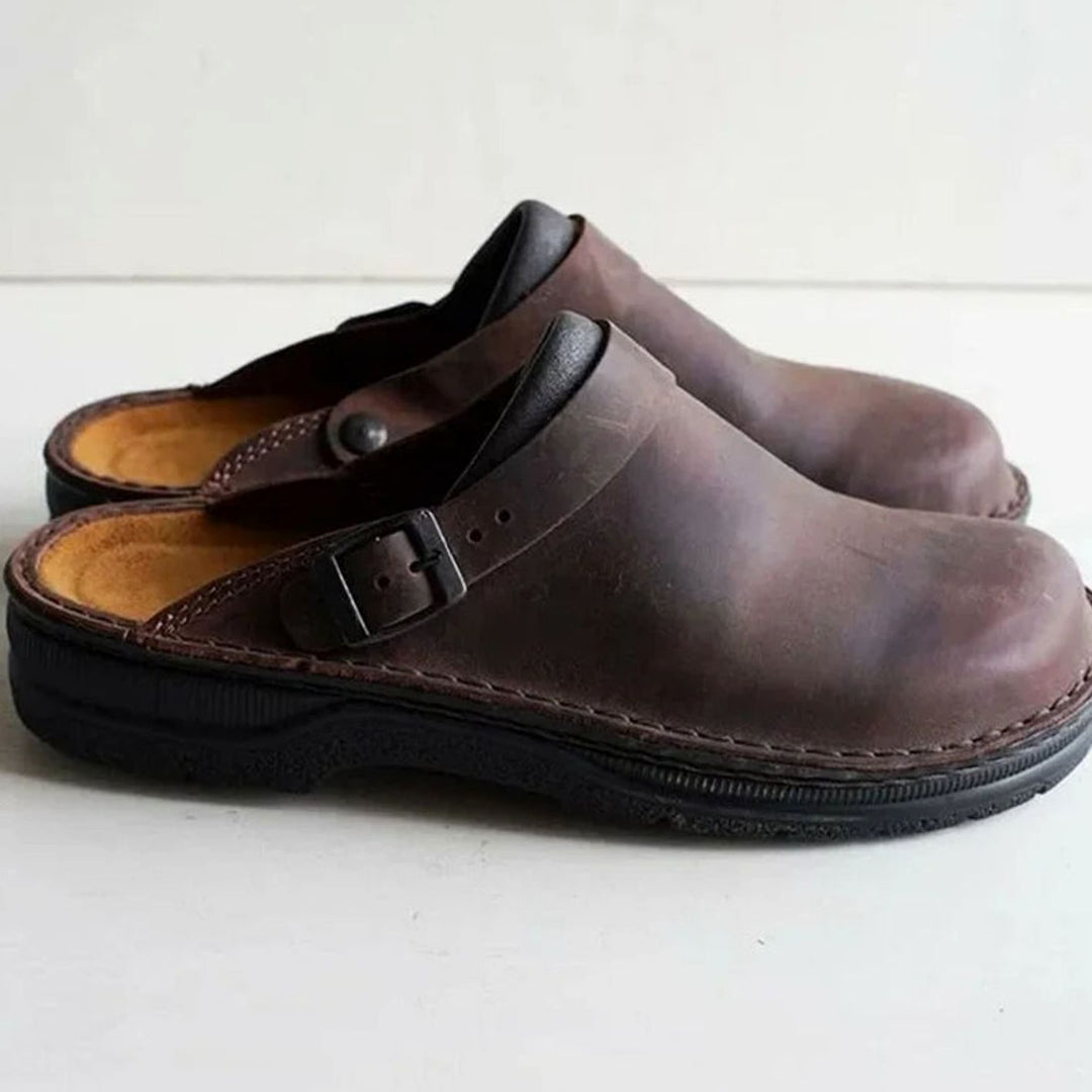 Men's Leather Buckle-Strap Slip-On Clog Shoes - Brown