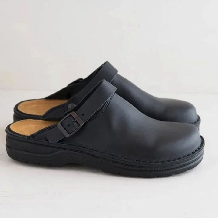 Men's Leather Buckle-Strap Slip-On Clog Shoes - Black