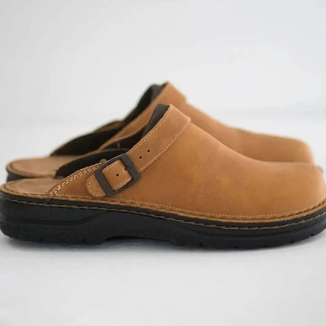 Men's Leather Buckle-Strap Slip-On Clog Shoes - Khaki