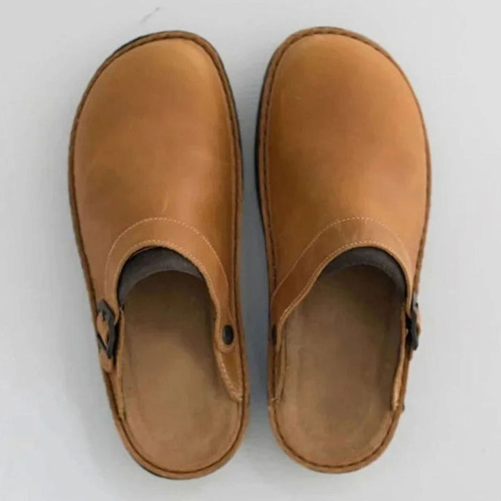 Men's Leather Buckle-Strap Slip-On Clog Shoes