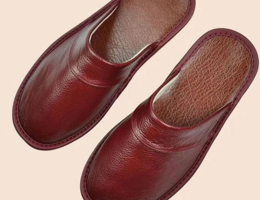 Men's Leather Slip-On Slippers Classic Indoor Mule - Wine Red