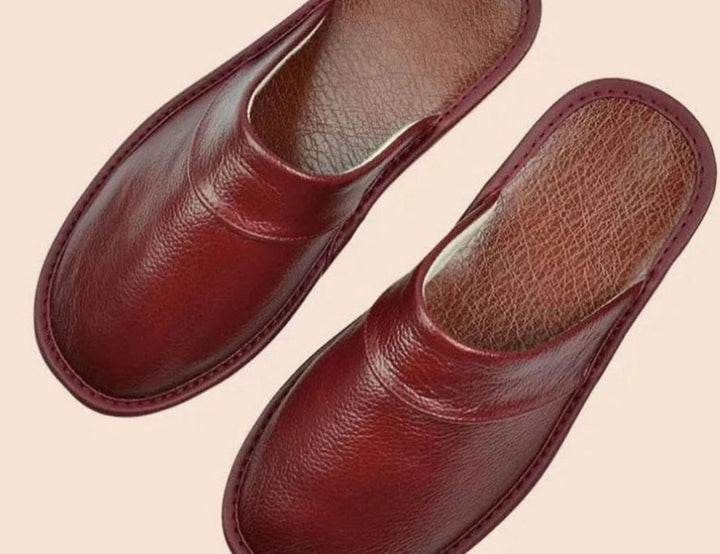 Men's Leather Slip-On Slippers Classic Indoor Mule - Wine Red