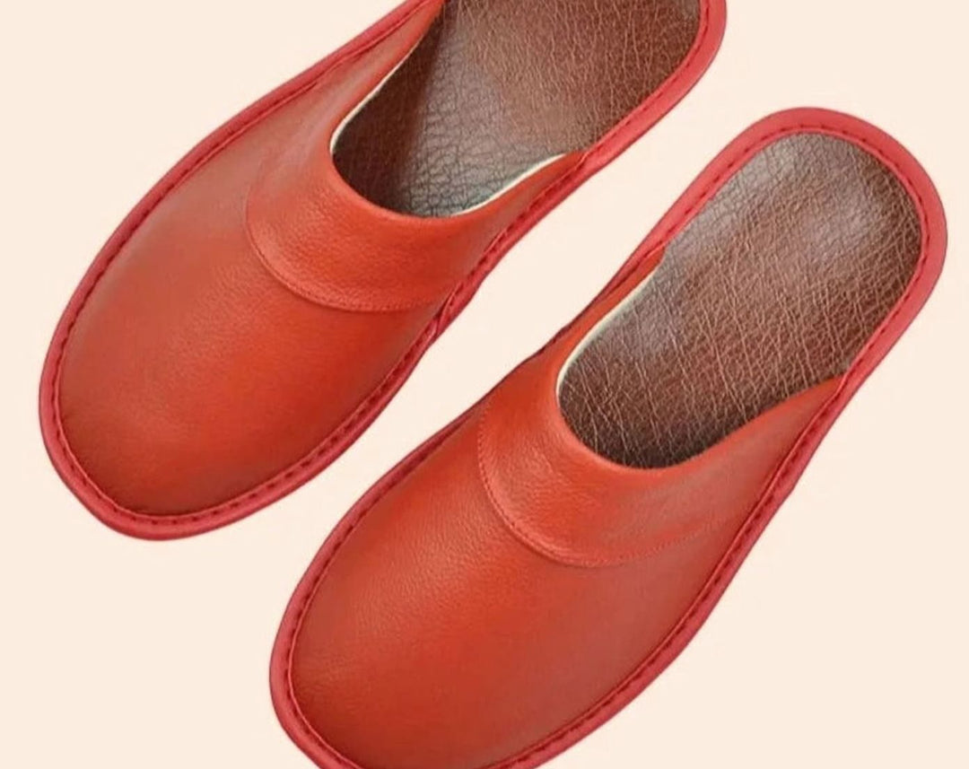Men's Leather Slip-On Slippers Classic Indoor Mule - Red