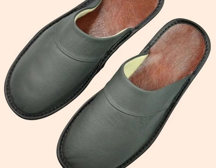 Men's Leather Slip-On Slippers Classic Indoor Mule - Gray