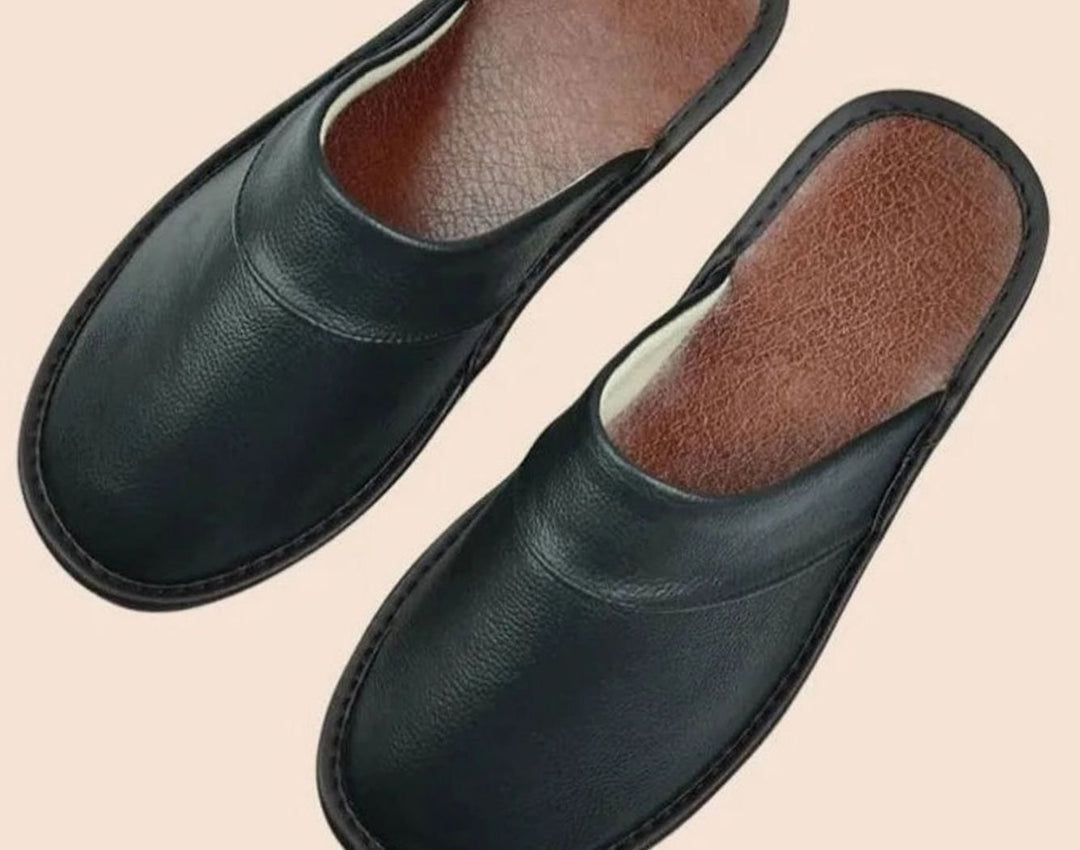 Men's Leather Slip-On Slippers Classic Indoor Mule - Black