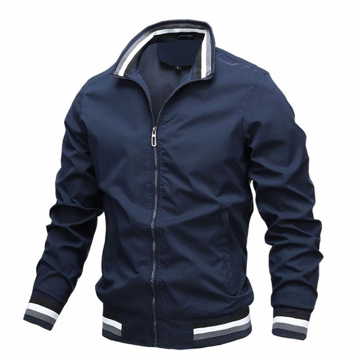 Men's Lightweight Full-Zip Ribbed Casual Bomber Jacket - Dark Blue