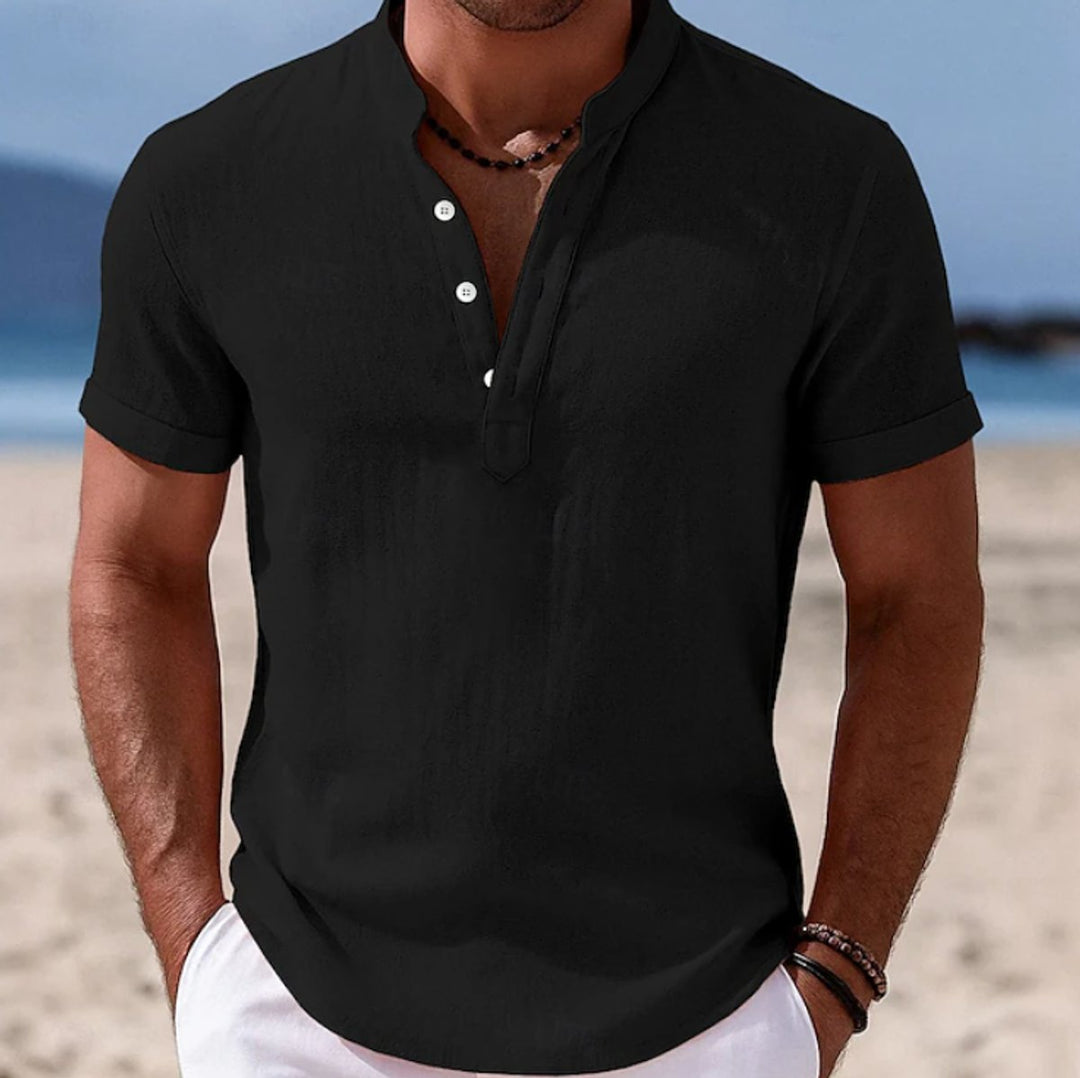 Men's Lightweight Linen-Feel Short-Sleeve Henley Shirt - Black