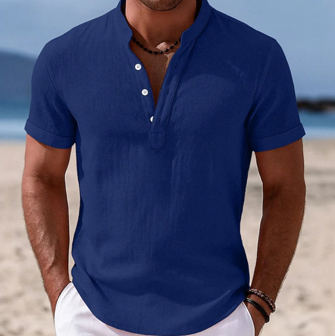 Men's Lightweight Linen-Feel Short-Sleeve Henley Shirt - Blue