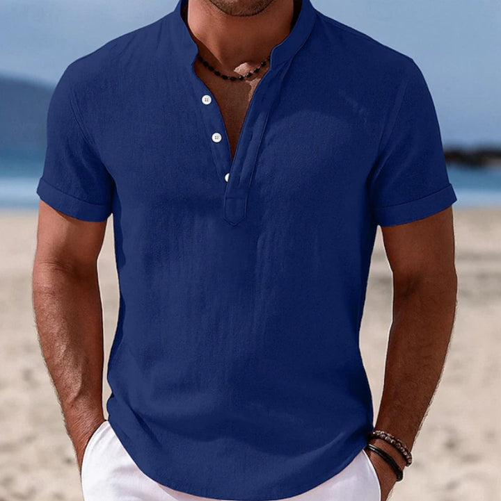 Men's Lightweight Linen-Feel Short-Sleeve Henley Shirt - Blue