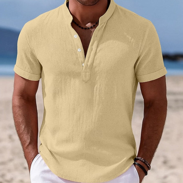 Men's Lightweight Linen-Feel Short-Sleeve Henley Shirt - Yellow