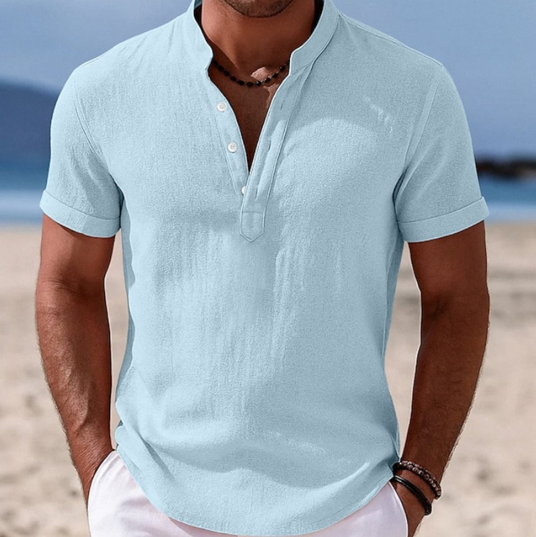 Men's Lightweight Linen-Feel Short-Sleeve Henley Shirt - Light Blue