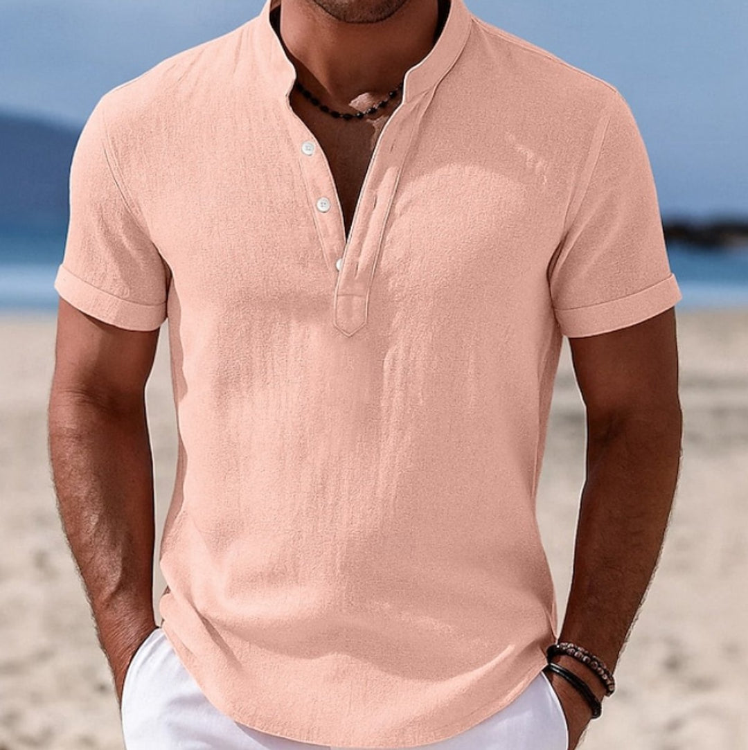 Men's Lightweight Linen-Feel Short-Sleeve Henley Shirt - Pink