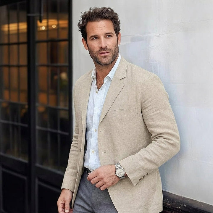 Men's Lightweight Linen Unstructured Blazer Jacket - Cream