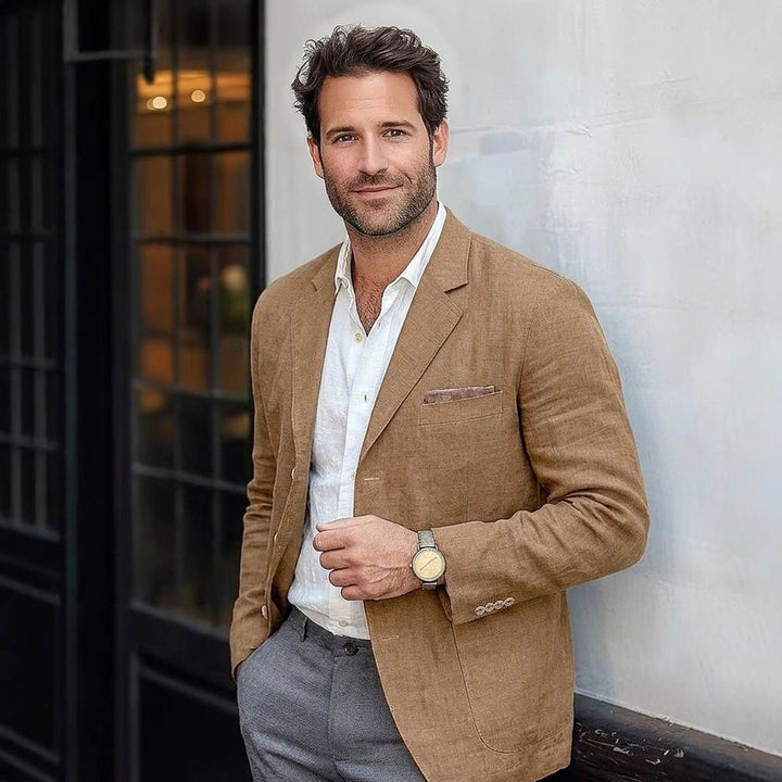 Men's Lightweight Linen Unstructured Blazer Jacket - Brown
