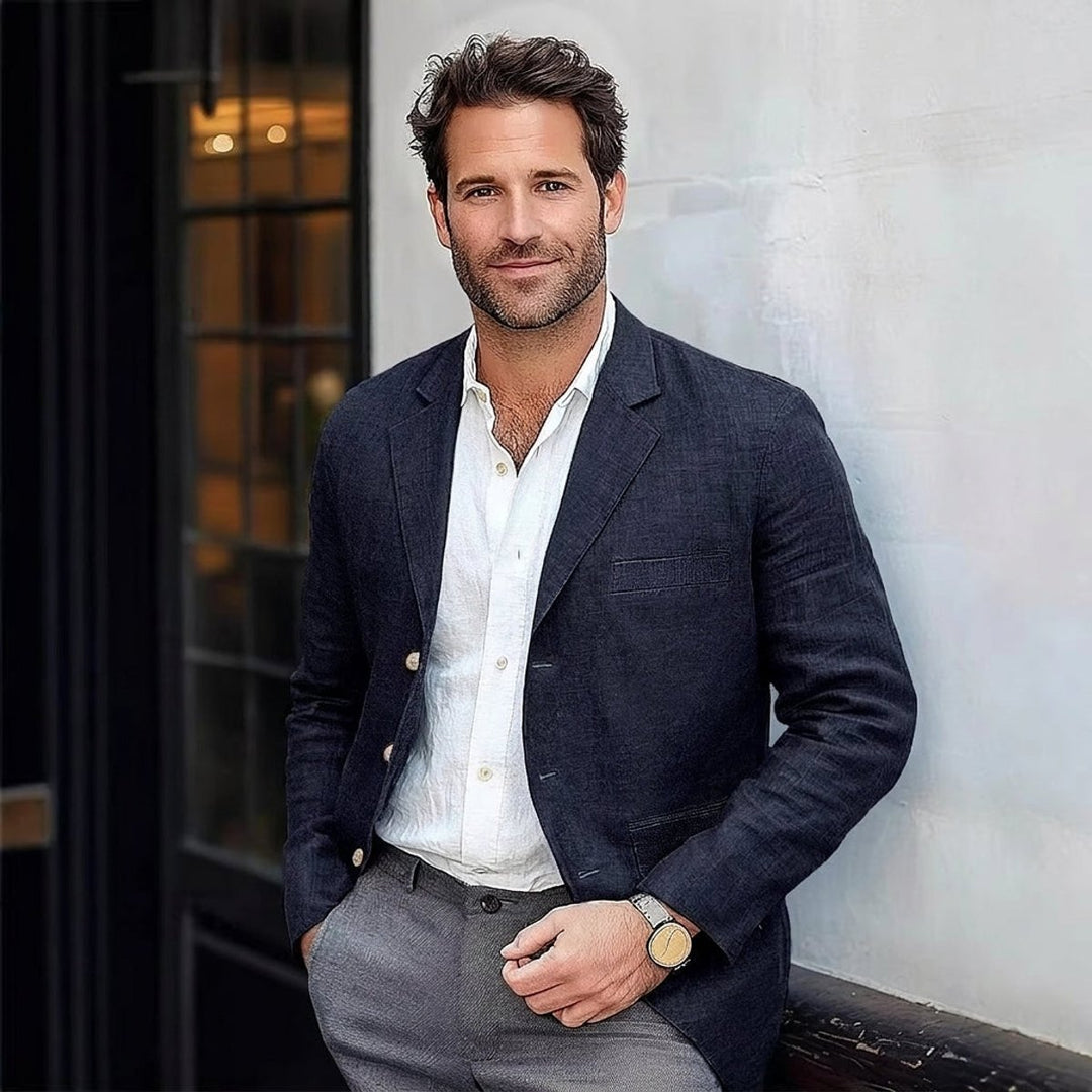 Men's Lightweight Linen Unstructured Blazer Jacket - Navy