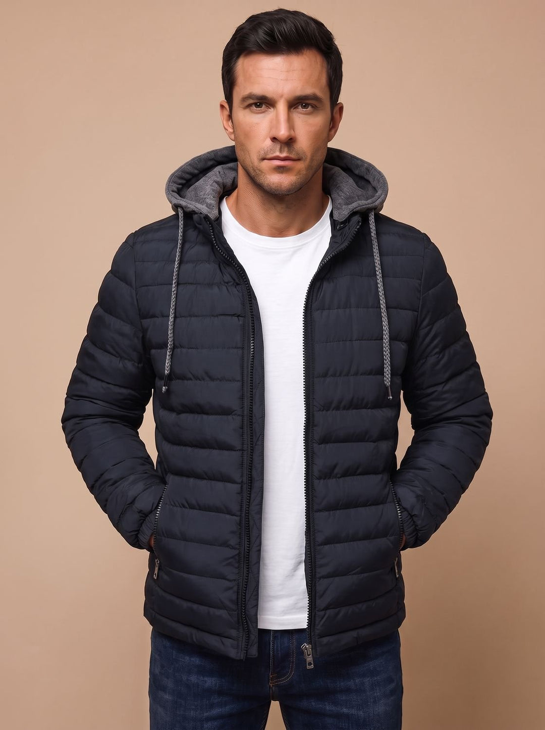 Men's Lightweight Quilted Hooded Puffer Jacket - Navy Blue