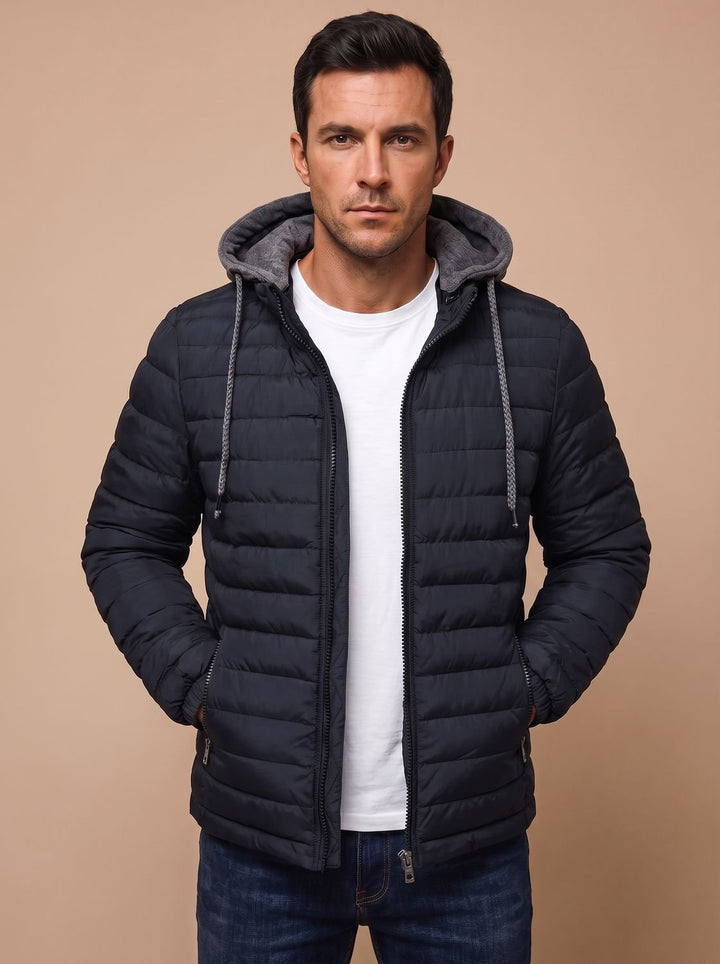Men's Lightweight Quilted Hooded Puffer Jacket - Navy Blue