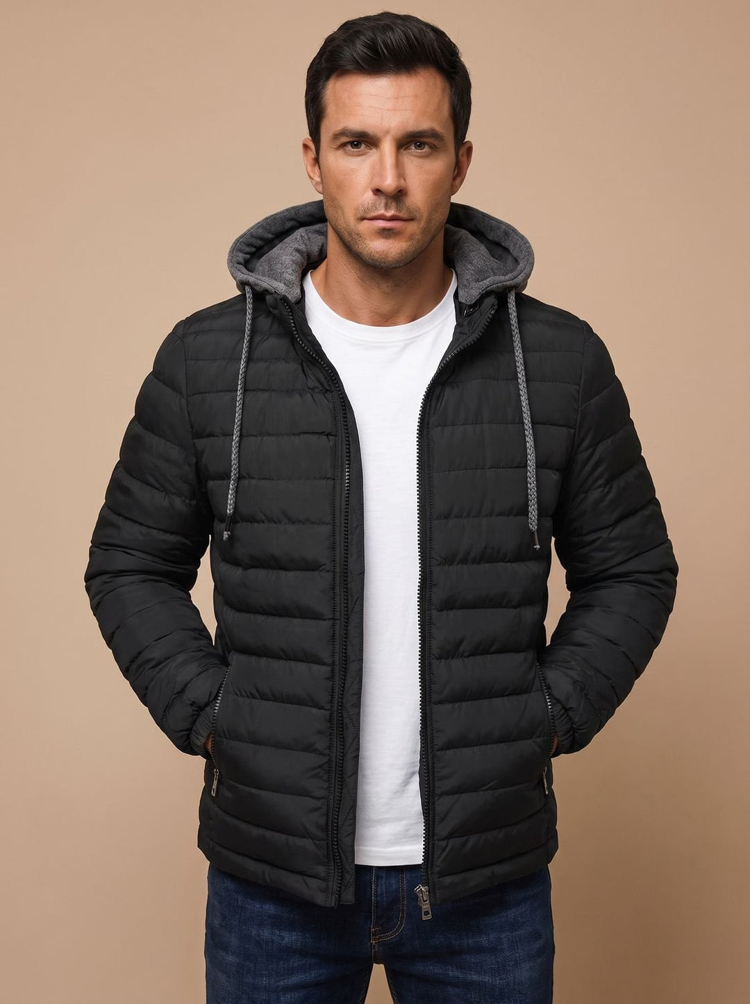 Men's Lightweight Quilted Hooded Puffer Jacket - Black