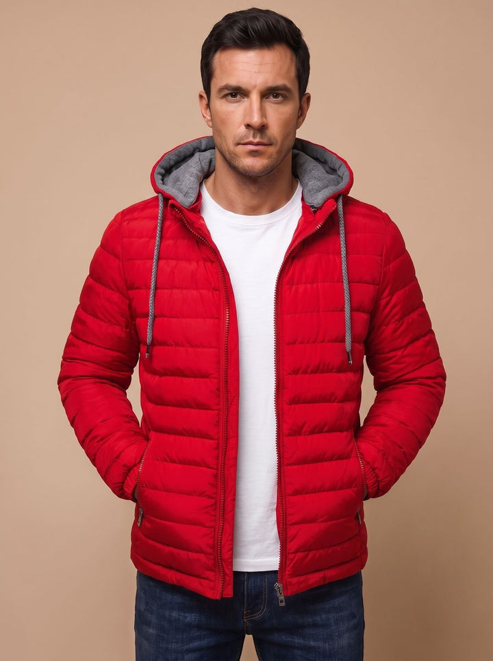 Men's Lightweight Quilted Hooded Puffer Jacket - Red
